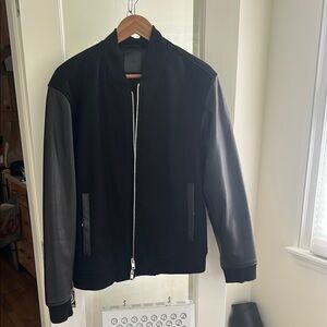 Black Bomber Jacket with Leather Sleeves